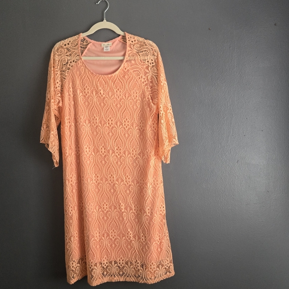 Brittany Black Dresses & Skirts - Lace Romantic Soft Girl Sheath 3/4 Sleeve Peach XL Dress